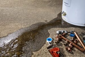 A leaking water heater tank, surrounded by tools