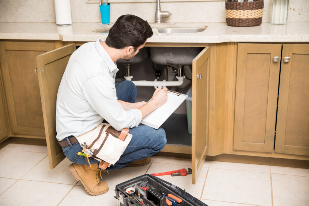 A plumber writing a repair order while crouching in front of a kitchen sink